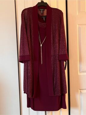 R&M Richards Sparkle Knit Cardigan and Dress Set in Merlot Sz 22W